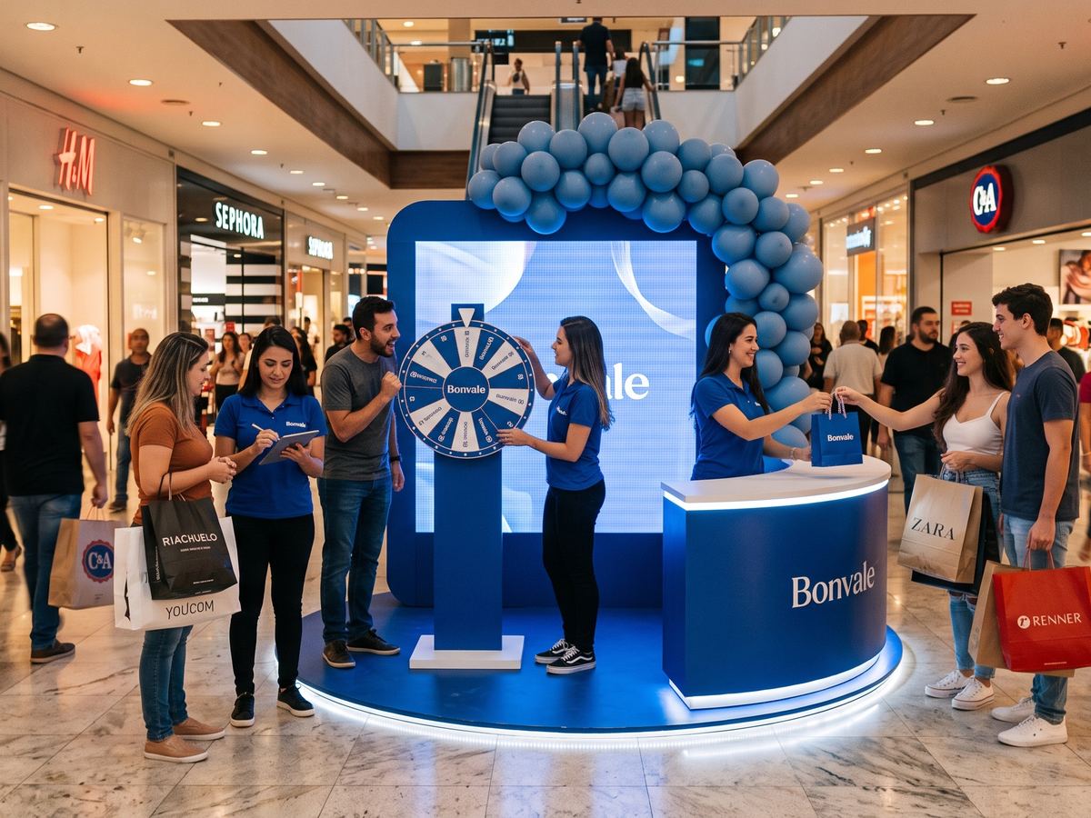 Ativação promocional da PromoTrend em corredor de shopping, com roleta de prêmios e equipe uniformizada